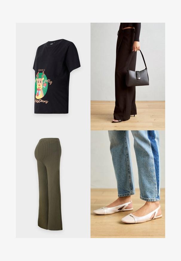 Juodas medvilninis marškinėliai su atspaustu elniu su ragais, raudona pirštine ir užrašu "Linksmų Kalėdų" auksinės spalvos.; Alkso žalios, aukštu liemeniu, raukšlėtos mezginės kelnės, platėjančios nuo kelio, su minkšta tekstūra ir elastingu liemeniu patogumui.; Šviesiai rožiniai slingback baleto bateliai su smailiu pirštu, pagaminti iš lygios odai panašios medžiagos. Yra išpjovimų detalės šonuose ir plokščias kulnas.; Juodas rankinė struktūrizuota forma, lygi tekstūra ir metalinis užsegimas. Suporuota su plačiomis juodomis kelnėmis ir atvirais bateliais ant medinių grindų.