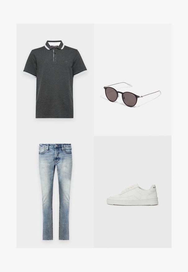 Tamsiai pilkas trumpas rankovėlis polo marškinėliai su balta ir juoda juostele ant apykaklės ir rankovių kraštų, sagų apykaklė ir subtilus "MK" logotipas ant krūtinės.; Šviesiai mėlyni džinsai su nuvalytu paviršiumi, aptemptas fasonas, penki kišenės ir kontrastingos siūlės.; Balti odiniai sportiniai bateliai su lygia apdaila, apvaliu pirštu, plokščiais raišteliais ir tekstūruotu padu. Pasižymi subtiliu logotipu ant kulno.; Juodos apvalios saulės akinių su tamsiais lęšiais ir plonomis metalinėmis šakomis. Įtraukti skaidrūs šventyklų galai ir sidabriniai akcentai vyrio srityje. Minimalistinis dizainas.