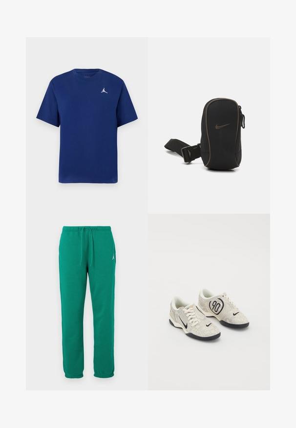 T-shirt de algodão azul marinho com mangas curtas, decote redondo e logótipo Jumpman branco no peito. Design simples e clássico.; Calças de treino verdes feitas de uma mistura de algodão, com uma cintura elástica com cordão e um bolso lateral. Design clássico de perna reta.; Tênis Nike com um upper texturizado em bege e cinza, detalhes em preto, um grande logótipo "90" e um fecho de atacadores branco. Sola preta.; Pochete preta da Nike com fecho de zip, tecido texturizado, detalhes em castanho e uma correia destacável. Apresenta um logótipo da Nike em destaque na parte da frente.