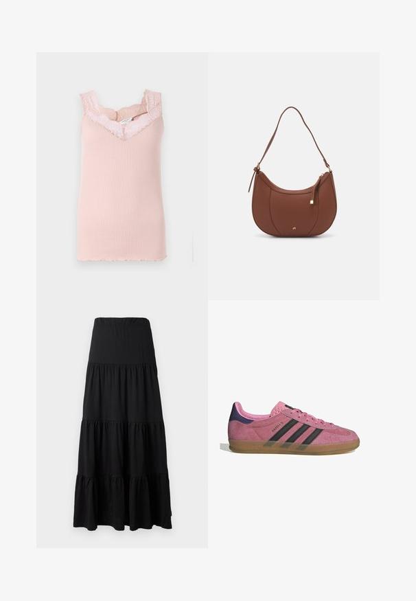 Rosa ribbad linne med spetskant runt halsringningen och ärmhålen. Har en V-hals och vågiga kanter vid fållen.; Svart maxikjol i mjukt tyg, med en lagerdesign, elastisk midja och volangdetaljer vid nederkanten.; Rosa mockasnöre med svarta ränder, gummsula och texturerad lila häl. Har en snörningsdesign och prägling på sidan.; Brun faux läder axelväska med rundad form, minimal sömnad och detaljer i guldfärgad hårdvara. Har en övre dragkedjestängning och justerbar rem.