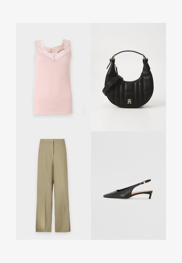 Roosa soonik, millel on pitsist äärisega kaelus ja käeaugud. Omab V-kujulist kaelust ning lainelisi servi allääres.; Heled roheline, laiad püksid, mis on valmistatud linast. Omab kõrget vööd ja puhta esiküljega disaini, millel on üks volt.; Musta nahast slingback-kontsaga saabas, millel on terav nina, madal konts ja reguleeritav pahkluu rihm, millel on kullatooniline pandla. Sile tekstuur.; Must või empaankäe disainiga must nahkrahakott, millel on tepitud tekstuur ja kullatud detailid. Omab eemaldatavat õlapaela ja logo detaili.