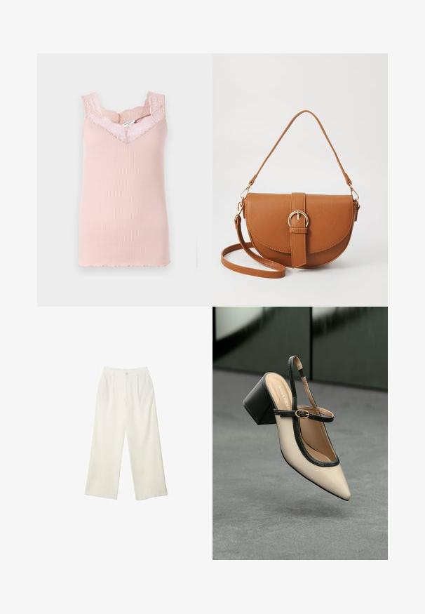 Różowy stanik o żeberkowanej strukturze z koronkowym wykończeniem wokół dekoltu i otworów na ramiona. Posiada dekolt w kształcie litery V oraz falbaniaste brzegi u dołu.; Spodnie z szerokimi nogawkami w kremowej tkaninie o gładkiej fakturze, z pojedynczym guzikiem z przodu, subtelnymi plisami i wysokim stanem.; Beżowe buty typu slingback z ostrym noskiem, czarnym wykończeniem, złotą klamrą i grubym obcasem na szarym podłożu z ciemnozielonym tłem.; Brązowa skórzana torba na ramię o zaokrąglonym kształcie, ze złotymi akcentami i zapięciem w formie klamry. Posiada odpinany pasek na ramię.