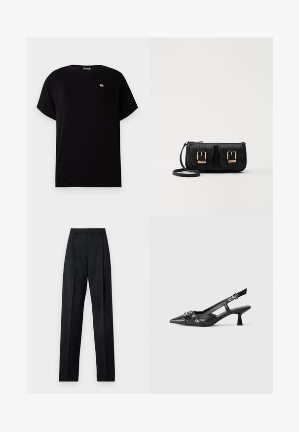 Tricou negru din țesătură moale, cu guler rotund, mâneci scurte și un mic logo auriu lângă piept.; Pantaloni negri dintr-un material neted, cu talie înaltă, picioare largi, pliuri frontale și loop-uri clasice pentru curea. Fără buzunare laterale vizibile.; Pantofii slingback din piele neagră, cu vârful ascuțit, curele decorative cu ochiuri din metal și toc bloc mic. Suprafață texturată.; Geantă neagră din piele, tip crossbody, cu două buzunare frontale, catarame aurii, închidere cu fermoar și o curea subțire. Suprafață texturată și formă rectangulară compactă.