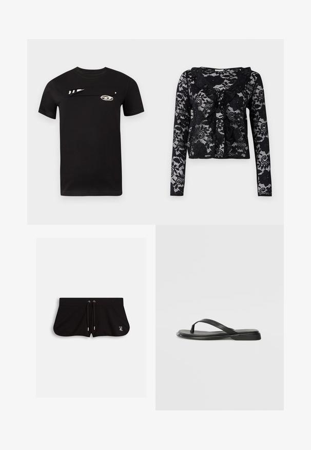Melnā kokvilnas T-krekls ar īsām piedurknēm, kas rotāts ar unikālu priekšpuses dizainu un baltu grafiku. Gluda tekstūra un standarta apaļš kakls.; Melnas mežģīņu kardigāns ar garām piedurknēm, ziedu rakstiem, viļņotu apkakli, atvērtu priekšpusi un saitītes detaļu ap kaklu.; Melnas šorti, izgatavoti no mīksta auduma, ar aukliņu viduklī, sānu iegriezumiem un mazu izšuvumu logotipu priekšpusē.; Melni flip-flopi, kas izgatavoti no gludas ādas, ar plānu siksniņu dizainu un plakanu zoli ar minimālu profilu. Nav ievērojamu rakstu vai akcentu.