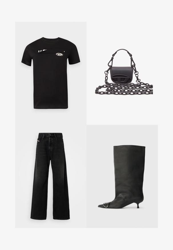 Črna bombažna majica s kratkimi rokavi, z edinstveno sprednjo zasnovo in belimi grafičnimi vzorci. Gladek tekstura in standarden okrogel izrez.; Široke črne denim hlače z visokim pasom, ki imajo zaponko, sprednje žepe in obrabljen videz.; Črne usnjene gležnjarje s koničastim nosom, majhno peto in kovinskim poudarkom na nosu. Gladka, mat tekstura po celotni površini.; Majhna črna ročna torbica iz gladke usnje, s zaobljeno obliko, logotipom na sprednji strani in strukturiranim verižnim ročajem.