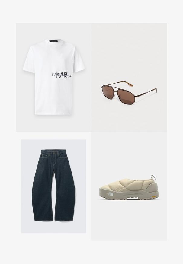 Hvit bomulls t-skjorte med en svart trykt logo som sier "KARL" med en overkrysset "KARL" og "FELD" nedenfor. Rund hals, korte ermer.; Mørkeblå jeans med vide ben laget av denim, med fem lommer, synlige sømmer, knappelukking og en ren finish.; Quilted beige slip-on sko med grå Vibram såle, avrundet form og bakre løkke. Har logo på siden og strukturert overflaten.; Brune oktogonale solbriller med en tynn svart metallramme, akzentuert med brune stenger. Mørke linser gir UV-beskyttelse.