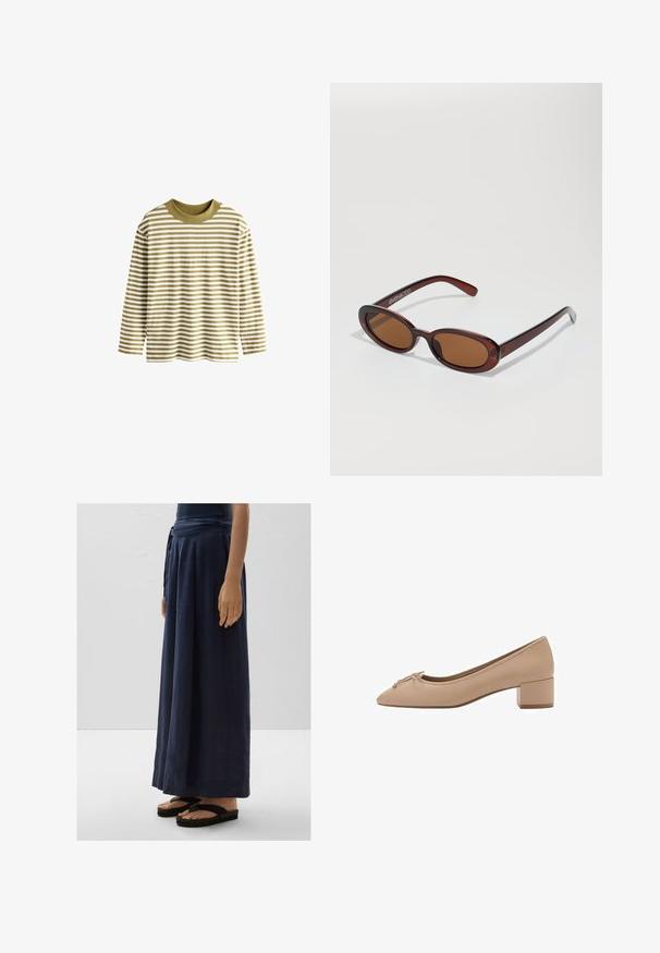 Cămașă cu mâneci lungi, în dungi, de culoare verde măslin și crem. Prezintă un gât rotund și o croială lejeră. Fabricată dintr-un material moale, texturat.; Pantaloni largi bleu marin confecționați dintr-un material ușor, cu talie legată. Asortați cu sandale negre cu talpă joasă. Textură netedă, lungime până la gleznă.; Pantofi din piele bej, cu vârful ascuțit, detaliu mic în formă de fundă în față și toc pătrat jos. Textură netedă cu cusături minime.; Ochelari de soare rotunzi, cu nuanțe de brown și cu un cadru lucios de burgund. Brațe subțiri cu detalii subtile de branding. Design cu lentile plate.
