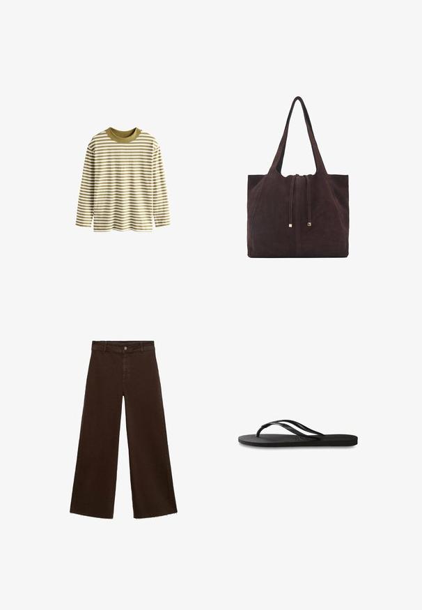 Lange mouw gestreepte shirt in olifanten groen en crème. Het heeft een ronde hals en een relaxte pasvorm. Gemaakt van zachte, gestructureerde stof.; Bruine wijde broek in katoenmix, met een rafelige zoom, sluiting met een knoop aan de voorkant en een klassieke vijf-pocketstijl. Minimalistisch en veelzijdig.; Zwarte flip-flop met een gestructureerde rubberen zool, twee slanke banden en een subtiele, ingedrukte logo-detail op de band.; Mango Shopper - dark brown