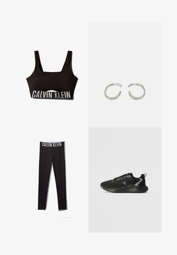 Sutien sport negru cu decolteu pătrat și bretele late. Dispune de o parte superioară texturată și un logo alb contrastant "CALVIN KLEIN" pe bandă.; Leggings negre cu un logo alb "CALVIN KLEIN" pe talie. Material neted, design mulat, cu accente din plasă la glezne.; Adidași negri, cu talpă joasă, dintr-un material respirabil, cu șireturi, talpă texturată și logo-ul "cK" pe lateral.; Cercei din argint în formă de cerc, cu un design neted și rotunjit, având un finisaj lucios. Prezintă o formă minimalistică cu o ușoară deschidere.