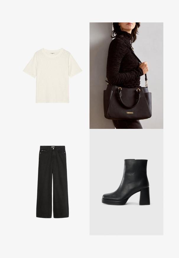 Peažuur valge lühikeste varrukatega t-särk, mis on valmistatud pehmest ja tekstuurses kangast, ümmarguse kaeluse ja lõdva lõikega. Ei ole logosid ega lisadetaile.; Laiad mustad teksased kõrge vöökohaga. Omab viit taskut, metallist detaile ja puhtat lõpetust. Tekstuur on sujuv ja pehme.; Must musta ankle boot, milleplokk-konts ja platvormi tallaga, vaadatud küljelt ühetoonilise valge tausta peal.; Musthave must kott, millel on tekstuurne pind, kaks ülemist käepidet ja reguleeritav õlarihm. Omab kuldse tooni riistu ja külgtaskuid.
