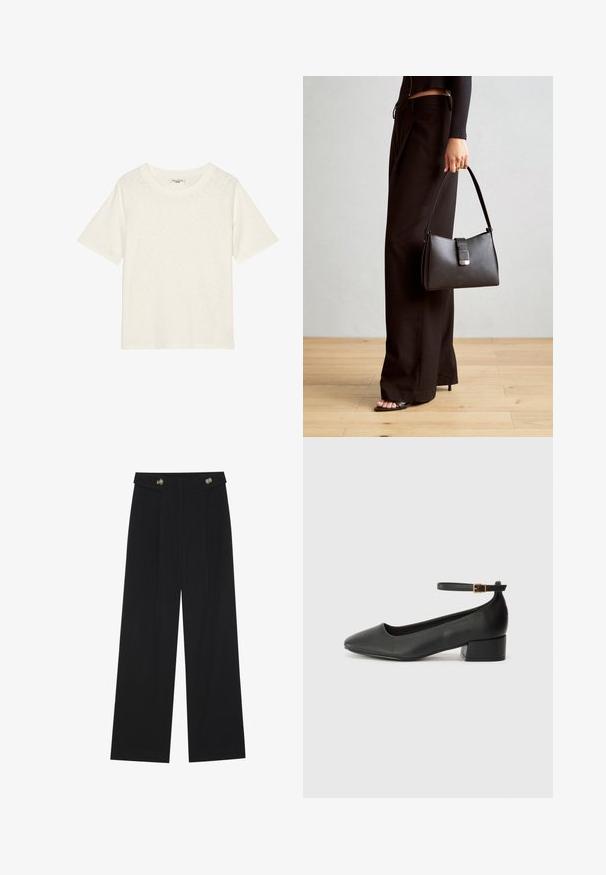 Lyhythihainen off-white T-paita, joka on valmistettu pehmeästä, tekstuurista kankaasta. Pyöreä kaula-aukko ja rento istuvuus. Ei logoja tai lisätietoja.; Mustat leveälahkeiset housut, joissa on korkea vyötärö, napit vyötärönauhassa ja etupuolella laskokset.; Mustat nahkakengät, joissa on terävä kärki ja matala lohkare korko. Varustettu nilkkahihnalla, jossa on kultasävyinen solki. Lisää sileä pinta.; Musta käsilaukku, jossa on rakenteellinen muoto, sileä pinta ja metallinen solki. Yhdistetty leveisiin mustiin housuihin ja avonaiheisiin sandaaleihin puulattialla.