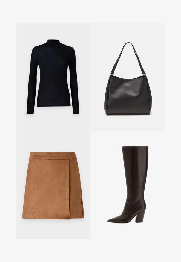 Samsøe Samsøe DOU - Pikkade varrukatega topp - black; Pruunist nahast mini-seeliku, millel on ümmargune disain, sujuva tekstuuri ja puhta viimistlusega serv. Pole nähtavaid riistvara ega aksessuaare.; Pruun nahast põlvini saabas terava ninaga ja ploki kontsaga. Omab siledat tekstuuri ja küljevetti mugavaks selga panemiseks.; Mustmust mustrahnaga, millel on pehme tekstuur, hobo kuju ja kaks õlavarre rihma; sisaldab läikivat viimistlust ja minimalistikku disaini.