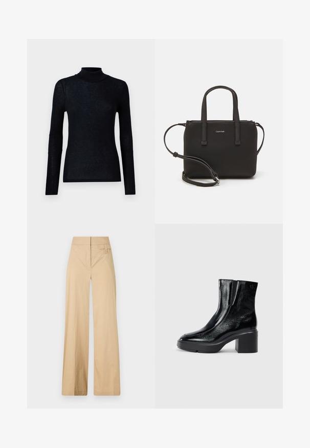 Samsøe Samsøe DOU - Tops ar garām piedurknēm - black; Beige platajuma bikses, kas izgatavotas no kokvilnas maisījuma auduma. Tām ir gluda tekstūra, elastīga josta un sānu pogu detaļa.; Melnas lakotas ādas potītes zābaki ar izliekto purngalu, elastīgām sānu paneļiem un masīvu blokveida papēdi. Aizmugurē ir izsistā logo.; Melns roku soma ar divām īsām rokturiem un noņemamu plecu siksnu. Gluda ādas līdzīga materiāla ar rāvējslēdzēja aizdari un logos detaļu.