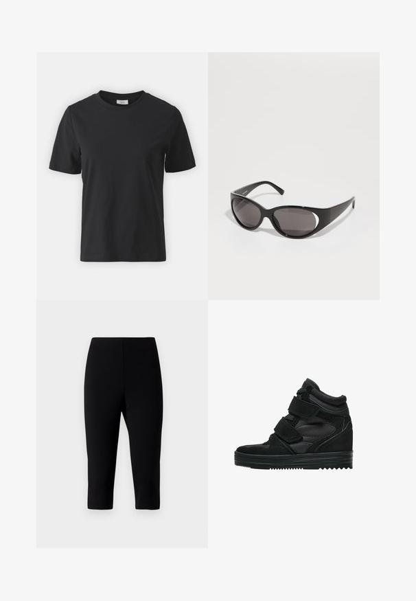 Gina Tricot BASIC ORIGINAL TEE - Basic póló - black; Fekete capri nadrág rugalmas anyagból, testhezálló fazonnal, amely éppen térd alatt végződik, sima textúrával és látható varratok nélkül.; Fekete magas szárú sportcipők, amelyek velúr és hálós anyagból készültek, tépőzáras pántokkal, sima felülettel és texturált gumitalppal a tapadás érdekében.; Fekete napszemüveg ovalis lencsékkel és letisztult dizájnnal. A keretek fényesek és szélesek, oldalán kivágott részlettel.; Fekete bőrtáska fonott füllel, cipzáras zsebbel és lógó bojtokkal. Texturált felület fém szegecsekkel és hardver díszítésekkel.