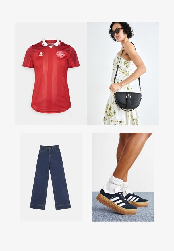 Raudonas Danijos futbolo marškinėlis su baltu apykakliu, hummel logotipu dešinėje krūtinės pusėje ir Danijos futbolo sąjungos emblemą kairėje krūtinės pusėje.; Plati džinsai tamsiai mėlynos denimo. Yra penki kišenės, diržo kilpos ir apatinė briauna su matomais siuvimo detalėmis.; Juodi zomšiniai sportbačiai su baltais dryžiais ir akcentais, apvalios nosies, guminio, gumos pado, derinami su baltais raitytais vidutinio ilgio kojinaitėmis.; Juodas odinis krepšys su išlenkta forma, nuimamu dirželiu ir auksiniais detalėmis. Krepšys turi kilpą su sagtimi.