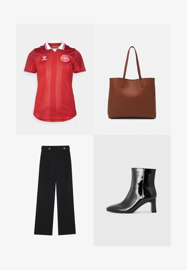 Piros dán futballmez fehér gallérral, hummel logó a jobb mellrészen és a Dán Labdarúgó Szövetség címere a bal mellrészen.; Fekete, bő szárú nadrág magas derékkal, gombos részletekkel a derékrészen és elülső pliszékkal.; Fekete lakk bőrcipő bokáig érő, hegyes orral és közepes magasságú tömbsarokkal. Simább textúrával és minimalista dizájnnal rendelkezik.; Barna bőr vászontáska sima textúrával, nyitott tetejű dizájnnal és két vállpánttal. Minimális varrással és látható hardver nélkül készült.