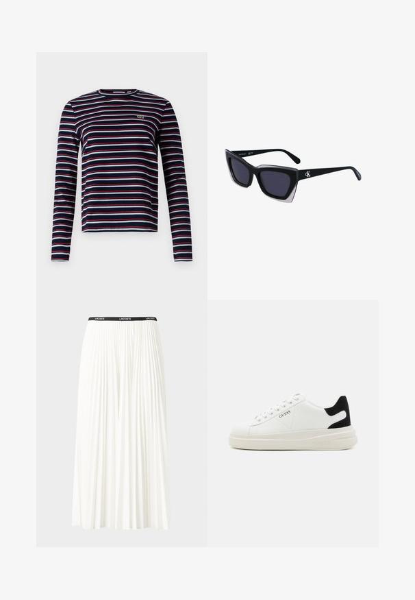 Hosszú ujjú csíkos ing, mely tengerészkék, fehér és piros vízszintes csíkokkal van díszítve. Kerek nyakú, a mellkason kis hímzett logóval.; Plisszírozott fehér szoknya fekete elasztikus derékkal, amelyen a "LACOSTE" logó található. Középhosszú kialakítás, puha tapintással.; Fehér bőr sportcipők vastag fehér talppal, fekete velúr sarokpikkelyel és dombornyomott logóval az oldalon. Fűzős kialakítás, hat fűzőlyukkal.; Fekete, nagyméretű napszemüveg geometrikus formával, sötét lencsékkel és kontrasztos szürke részlettel a kereten. Logó a szárán.