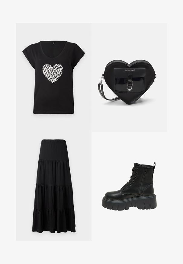 Camiseta negra de manga corta y escote en V, que presenta un corazón con patrón de cebra plateado en el centro. Fabricada en suave material de algodón.; Falda maxi negra hecha de una tela suave, que presenta un diseño en capas con una cintura elástica y acentos de volantes en el dobladillo.; Botín negro de cuero hasta el tobillo con una suela gruesa y plataforma, que cuenta con un cordón en la parte delantera y una cremallera lateral para facilitar su uso. Detalles texturizados a lo largo de la suela.; Bolso negro con forma de corazón, hecho de cuero ecológico, con un bolsillo frontal que presenta un cierre de hebilla y una correa desmontable. Detalles en metal plateado.