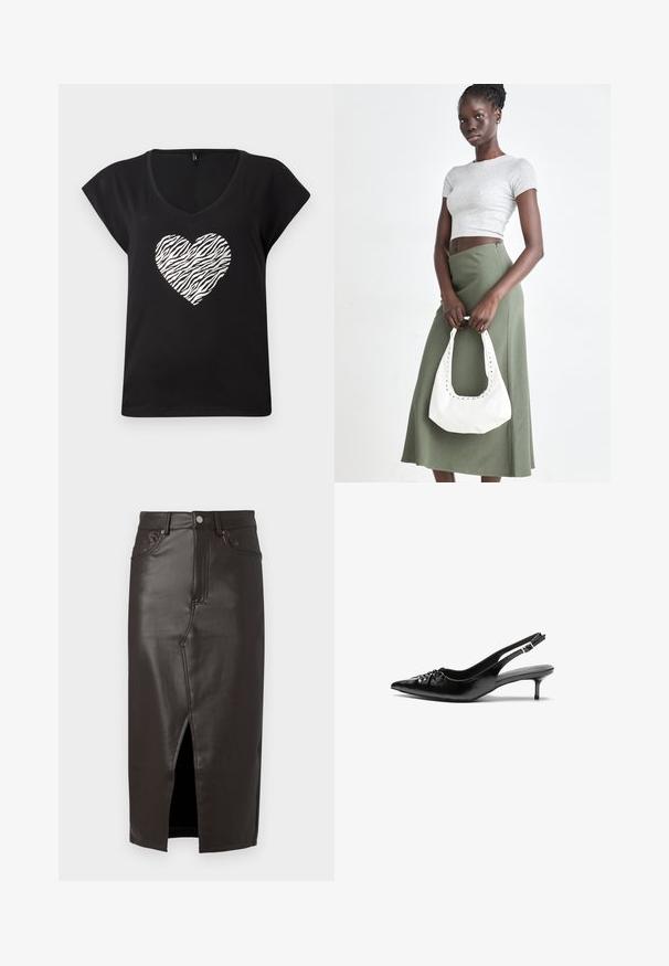 Svart t-skjorte med korte ermer og V-hals, med et sølvfarget hjerte med zebra-mønster i midten. Laget av mykt bomullsmateriale.; Brun skinn midi skjørt med en frontsplitt, fem-lommers design og metallknappåpning. Glatt tekstur og skreddersydd passform.; Sorte skinnert remsandaler med spiss tå, liten kittenhæl og en dekorativ knute detalj foran. Glatt tekstur gjennom hele.; Grå ribbet topp og olivengrønn høy midje skjørt. Modellen holder en hvit skulderveske med utskjæringsdetaljer. Enkelt design, tettsittende silhuett.
