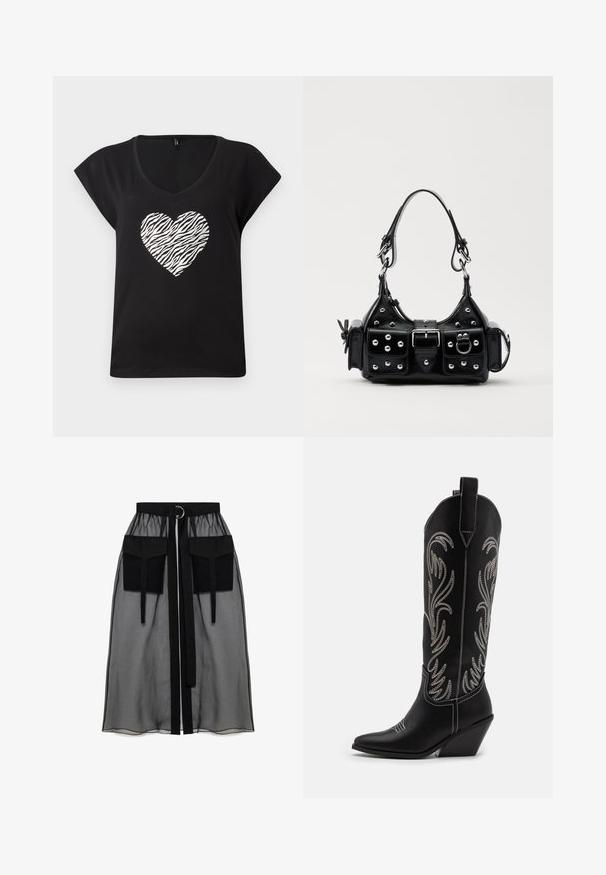 Zwarte t-shirt met korte mouwen en V-hals, met een zilveren zebra-patroon hart in het midden. Gemaakt van zachte katoen.; Zwarte doorschijnende rok met een verzameld tailleband, voorzien van twee grote voorzakken, een tailleband met strik en een ronde metalen accent.; Zwarte leren cowboylaarzen met spitse neuzen, wiggenhakken en zilver geborduurde bloemmotieven langs de schacht. Contrasterende stiksels overal.; Zwarte lederen handtas met een gebogen ontwerp, voorzien van zilveren studs, een gesp en twee zijvakken. Verstelbare schouderband voor verschillende draagmogelijkheden.