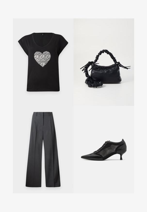 Zwarte t-shirt met korte mouwen en V-hals, met een zilveren zebra-patroon hart in het midden. Gemaakt van zachte katoen.; Wijde broek in donkergrijze stof, met een hoge taille, enkele plooien en een gladde textuur met een nette afwerking aan de zoom.; Zwarte schoen met spitse neus en een ontwerp met gaaspanelen, voorzien van een lage hak en vetersluiting. Gemaakt van een combinatie van leer en gaasmateriaal.; Zwarte nepleer handtas met een krokodillenstructuur, opgedroogde bovenkant en een gekreukte hengsel. Het lijkt zacht en compact van ontwerp.