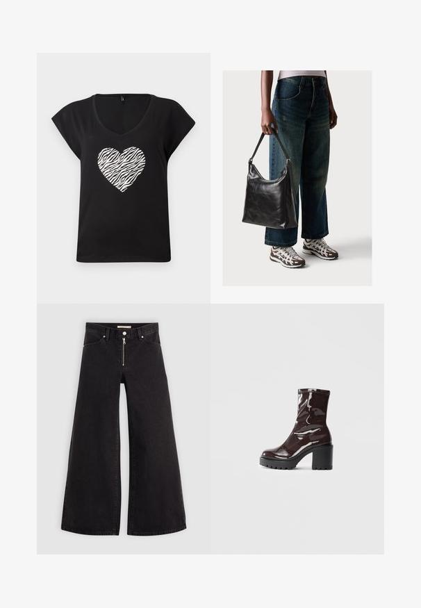 Zwarte t-shirt met korte mouwen en V-hals, met een zilveren zebra-patroon hart in het midden. Gemaakt van zachte katoen.; Wijdvallende jeans van zwarte denim met een ritssluiting aan de voorkant, vijf zakken en subtiele stikdetails. Soepele textuur en casual stijl.; Glanzende bordeauxrode enkelboot met een chunky zwarte hak, met een gladde textuur en een eenvoudig ontwerp. Geen zichtbare sluitingen of patronen.; Zwarte leren schoudertas met een gladde textuur en een verstelbare strap, gecombineerd met vervaagde wijde jeans en sportieve sneakers.