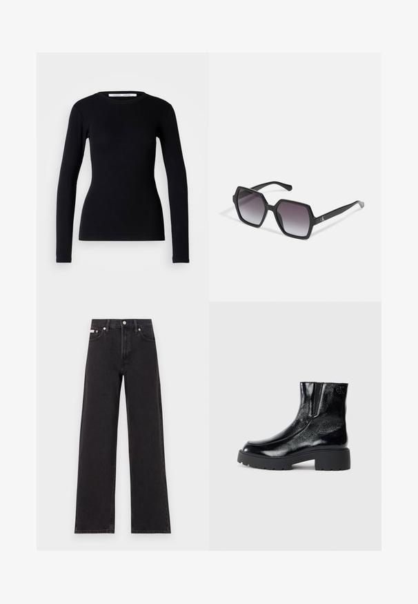 Top nero a maniche lunghe realizzato in tessuto a coste. Presenta un collo rotondo e una forma aderente. Nessun motivo o decorazione. Design semplice.; Jeans neri a gamba larga in denim, con vita alta, styling a cinque tasche e chiusura con bottone metallico e cuciture a contrasto.; Stivali neri alla caviglia con una finitura in pelle laccata lucida, suola in gomma nera spessa e tacco rialzato; include un discreto dettaglio del logo sul lato.; Occhiali da sole esagonali neri con lenti sfumate, caratterizzati da una finitura lucida e da un marchio discretamente visibile sulla tempia. Costruzione in plastica resistente.
