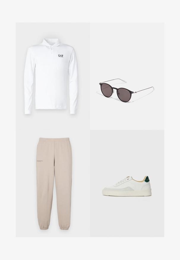 Balta ilga rankovė polo marškinėliai, pagaminti iš medvilnės, su klasikinėmis apykaklėmis, trimis mygtukais ir juodu EA7 logotipu krūtinės srityje.; Šviesiai rudos sportinės kelnės, pagamintos iš minkštos medžiagos, su elastinga juosmens juosta ir rankovėmis, ant kairės kojos esančiu mažu spaudu.; Baltos sportbačiai su zomšos akcentais, apvaliu nosiu, plokščiais raišteliais ir kreminės spalvos guminiu padu. Ant kulno yra žalia ženklinimo detalė.; Juodos apvalios saulės akinių su tamsiais lęšiais ir plonomis metalinėmis šakomis. Įtraukti skaidrūs šventyklų galai ir sidabriniai akcentai vyrio srityje. Minimalistinis dizainas.