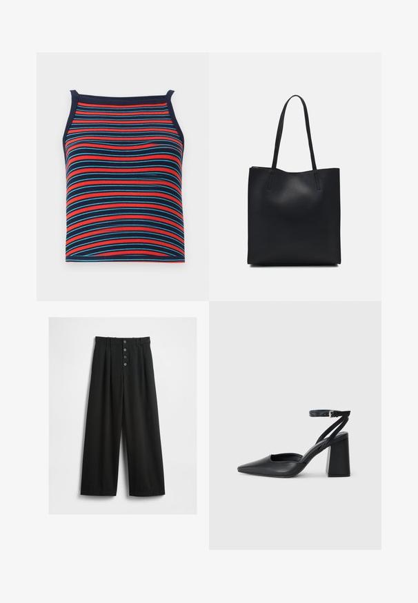 Striped tank top featuring red, blue, and navy horizontal lines, with a ribbed texture and sleeveless design.; Wide-leg black trousers made of a textured fabric. Features a high waist, five-button front closure, and pressed pleats for added detail.; Black leather pointy-toe pump with an ankle strap and a chunky heel. Flat texture, sleek design, and minimalistic aesthetics.; Black leather tote bag with smooth texture, rectangular shape, and two long handles. No visible hardware or embellishments.