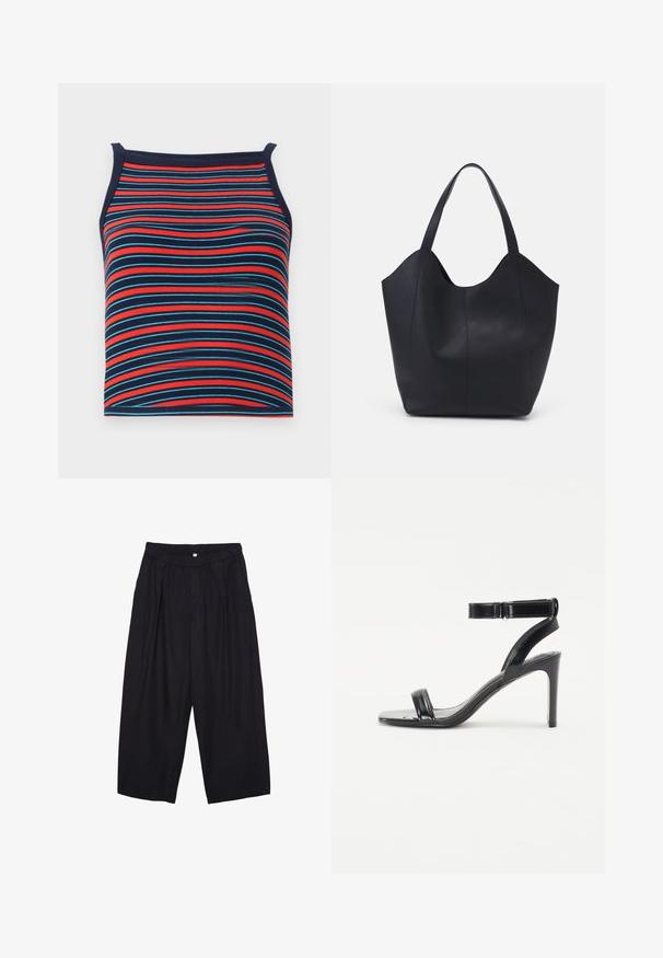 Gestreiftes Tanktop mit roten, blauen und marineblauen horizontalen Linien, mit geripptem Material und ärmellosem Design.; Schwarze Polyester-Culotte mit einem elastischen Bund, zwei vorderen Falten und einer lockeren Silhouette. Keine sichtbaren Muster oder Hardware-Details.; Schwarze Sandalette mit glänzender Oberfläche, ausgestattet mit zwei schmalen Riemen und einem Knöchelriemen, auf einem schlanken Stiletto-Absatz.; Schwarze Tote-Bag aus glattem Leder, mit einem abgerundeten, offenen Oberteil, zwei Schulterträgern und einem minimalistischen Design.