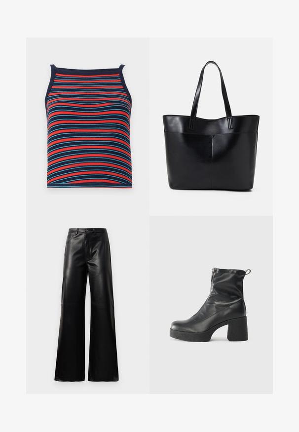 Débardeur rayé avec des lignes horizontales rouges, bleues et navy, doté d'une texture côtelée et sans manches.; Pantalons larges en faux cuir noire taille haute avec bouton avant, fermeture éclair, passants de ceinture et poches latérales sur fond blanc.; Bottes noires à la cheville en cuir lisse, dotées d'une fermeture éclair sur le côté, d'un talon épais texturé et d'une conception à bout rond.; Sac fourre-tout en cuir noir avec deux longues poignées, une texture lisse et une forme structurée. Dispose d'une poche avant pour un rangement supplémentaire.
