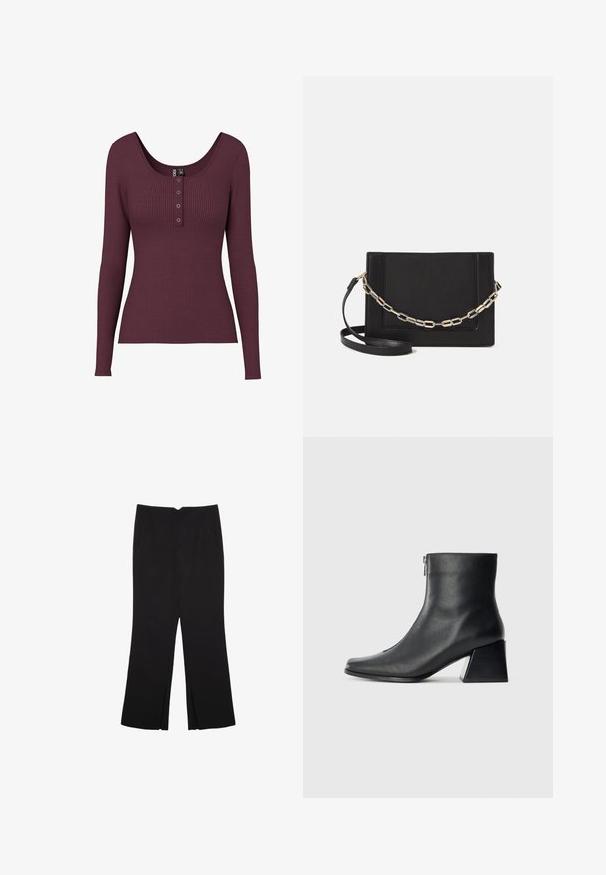 Bordo rebrasta dolga majica s krojem z v-neck izrezom in tremi gumbi na prsih. Narejena je iz teksturirane pletene tkanine.; Črne hlače ravnega kroja z naglavnimi žepi in stranskimi razporki na robu. Narejene iz mehke, gladke tkanine. Primerne za različne priložnosti.; Črne usnjene gležnjarice s kvadratnim nosom, stranskim zadrgo in blok peto na enostavni svetli podlagi.; Črna usnjena torba čez ramo z gladko teksturo, pravokotno obliko in kovinskim verižnim detajlom spredaj. Vključena je nastavljiva naramnica.