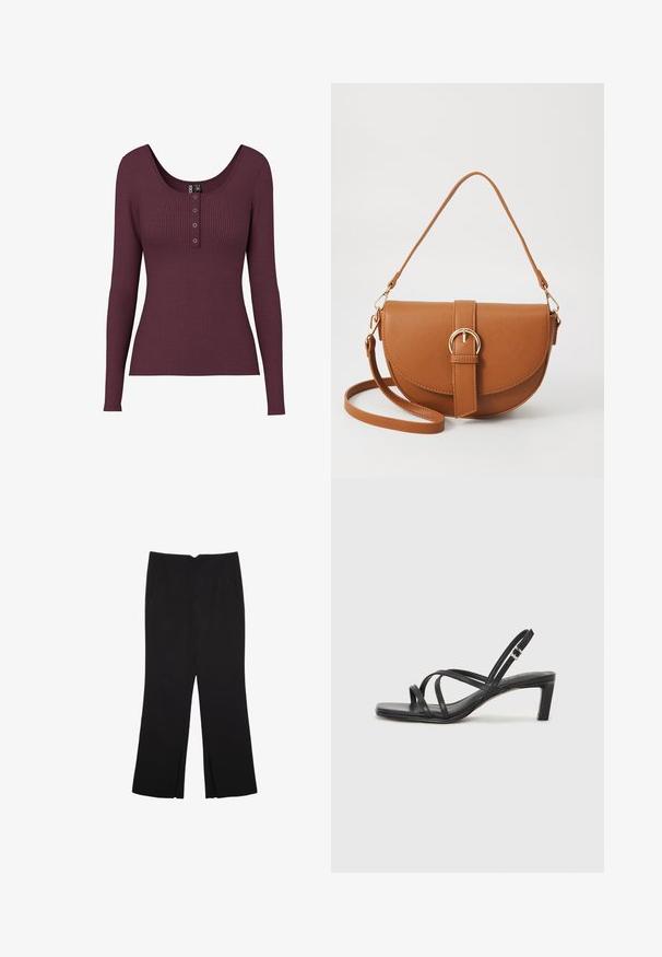 Burgundské žebrované tričko s dlouhým rukávem, kulatým výstřihem a třemi knoflíky na hrudi. Vyrobeno z texturovaného pleteného materiálu.; Černé kalhoty s rovným střihem, s předními kapsami a bočními rozparky na lemu. Vyrobené z jemné, hladké tkaniny. Vhodné na různé příležitosti.; Černé sandály na tenkém podpatku se čtveratou špičkou a nízkým blokovým podpatkem. Mají několik tenkých popruhů a nastavitelné zapínání okolo kotníku. Vyrobeny z hladké kůže.; Hnědá kožená křížová taška s zakřiveným tvarem, zlatými detaily a akcentem s přezkou. Obsahuje odnímatelný popruh na rameno.
