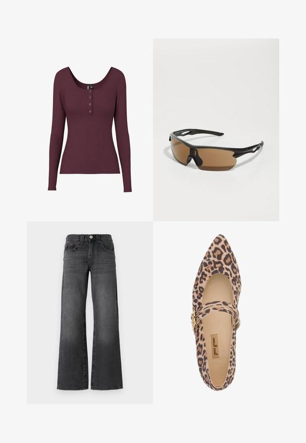Burgundin värinen ribattu pitkähihainen paita, jossa on pyöreä pääntie ja kolme nappia rinnan kohdalla. Valmistettu teksturoidusta neulemateriaalista.; Löysät farkut tummanharmaasta denimistä. Ominaisuuksiin kuuluu viisi taskua, nappikiinnitys ja hillitty kulutus kankaassa. Klassinen tikkauskoristelu.; Kengät Mary Jane, joissa on leopardikuosiset pinnat ja kärkiosa, pehmeä kangas yläosa, sekä hihna, joka on koristeltu kultaisella solkella. Kermavalkoinen vuori ja pohjallinen näkyvät.; Urheilulasit mustalla kehys, ruskeilla sävytettyillä linsseillä ja teksturoiduilla mustilla yksityiskohdilla temppeleissä. Kevyt ja aerodynaaminen muotoilu.