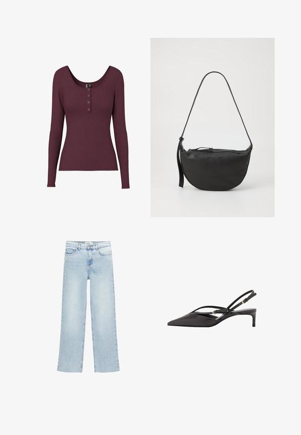 Bordový rebrovaný trenčkot s dlhým rukávom a výstrihom do U, s tromi gombíkmi na hrudníku. Vyrobený z texturovanej pleteniny.; Svetlo modré široké džínsy vyrobené z denimu s vysokým pásom, piatimi vreckami a zapínaním na gombíky. Obsahujú minimálne švy.; Čierne kožené sandále na podpätku so špicatou špičkou, štíhlymi remienkami okolo členka a nízkym stiletto podpätkom. Hladká textura a minimalistický dizajn.; Čierna kožená taška na rameno s oblým tvarom, jedným popruhom, zipsovým uzáverom a jemným šitím okolo tela.