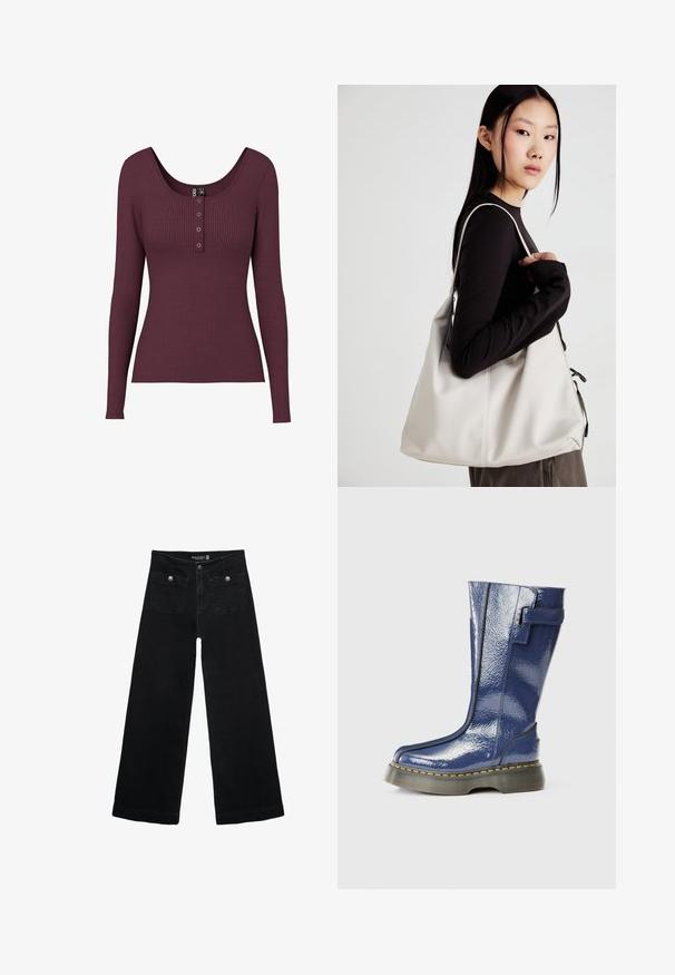 Bordový rebrovaný trenčkot s dlhým rukávom a výstrihom do U, s tromi gombíkmi na hrudníku. Vyrobený z texturovanej pleteniny.; Čierne široké nohavice s vysokým pásom, s dvoma prednými vreckami a kovovými detailmi na gombíku. Tkanina má hladkú textúru.; Modré, lesklé čižmy po kolená s okrúhlou špičkou, bočným zipsom a vertikálnymi švami. Obsahujú hrubú, čiernu platformu s žltým prešívaním.; Béžová kabelka vyrobená z mäkkého materiálu, s uvoľneným dizajnom, prišitými detailmi a dvoma popruhmi na nosenie na pleciach. Vhodná na každodenné nosenie.