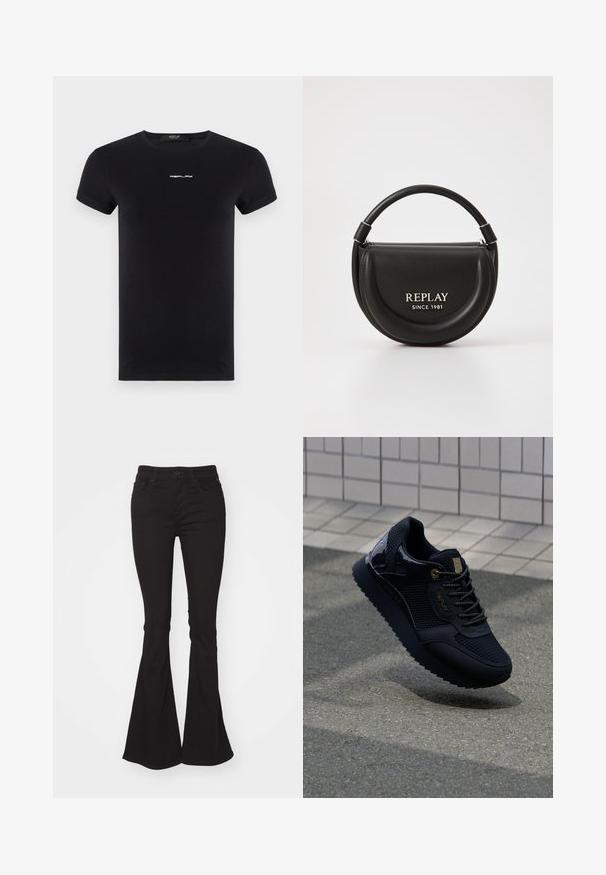 Replay LOGO - Tricou basic - black; Jeans negre evazați cu talie înaltă, având închidere standard cu nasture și fermoar, două buzunare frontale și un material ușor texturat.; Adidași negri cu un material mesh, accente lucioase, detalii din metal auriu, talpă texturată și un guler căptușit pentru confort.; Geantă de umăr din piele neagră cu o formă circulară, mânerele de sus și detalii din metal argintiu. Prezintă logo-ul "REPLAY SINCE 1981" pe față.