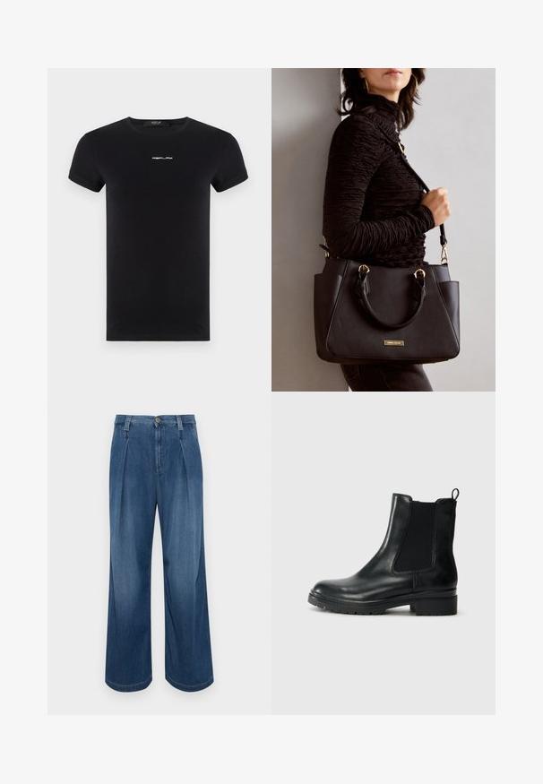 Replay LOGO - T-shirt basic - black; Wijde denimbroek in een middelblauwe wassing. Heeft een knoopsluiting, twee voorplooien en contrasterende stiksels. Zachte textuur en een gladde afwerking.; Tamaris Korte laarzen - black glam; Zwarte handtas met gestructureerd oppervlak, dubbele bovenhandvatten en verstelbare schouderriem. Voorzien van goudkleurige hardware en zijzakken.
