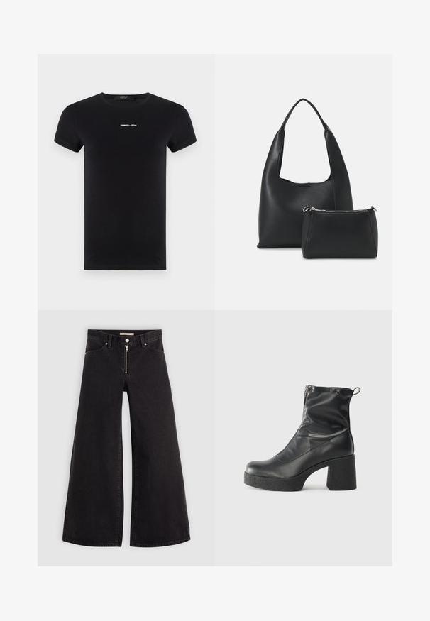 Replay LOGO - T-shirt basic - black; Jeans a gamba larga in denim nero con chiusura a zip, design a cinque tasche e dettagli di cucitura sottili. Texture morbida e stile casual.; Stivali neri alla caviglia in pelle liscia, con zip laterale, tacco spesso e texture, e punta arrotondata.; Even&Odd SET - Borsa a mano - black