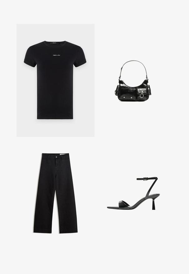 Replay LOGO - Tricou basic - black; Pantaloni din denim negri cu picioare largi, cu talie înaltă, având buzunare frontale și posterioare, cusături dublate și închidere cu nasture. Textură netedă.; Bershka Sandale cu toc - black; Geantă de mână din piele lăcuită neagră, cu o formă curbată, un umăr, buzunare frontale și accente din metal argintiu.