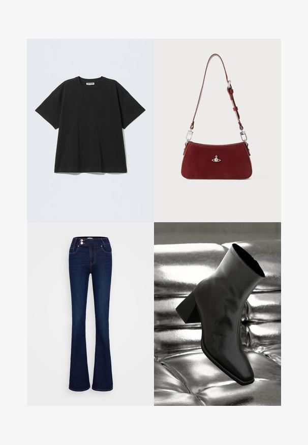 Black oversized t-shirt made of cotton, featuring a crew neckline and short sleeves. Simple design with no patterns or accents.; Dark blue flared jeans featuring a high-rise waist, two front pockets, and two button closures. Made from denim with a smooth texture.; Black ankle boot made of glossy material with a square toe and tapered heel, set against a shiny silver tufted background.; Red suede shoulder bag with a curved shape. Features a silver-tone accent and adjustable strap with hardware detailing. Smooth texture.