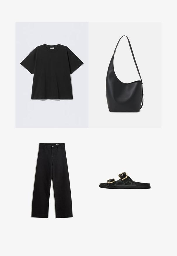 Crna prevelika majica od pamuka, s okruglim izrezom i kratkim rukavima. Jednostavan dizajn bez uzoraka ili detalja.; Crne široke traperice s visokim strukom, s prednjim i stražnjim džepovima, šivenim šavovima i kopčanjem na gumb. Glatka tekstura.; Crne sandale na klizanje s dva zlatna akcenta u obliku kopči, glatkog teksturiranog materijala, ravnim potplatom i minimalističkim dizajnom.; Crna kožna hobo torba s glatkom teksturom, zakrivljenim oblikom i jednom podesivom trakicom; ima širok otvor na vrhu.