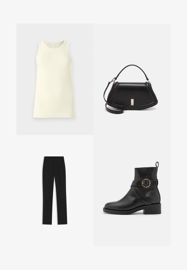 Hellgelbes Baumwoll-Tanktop mit geripptem Muster, rundem Ausschnitt und breiten Trägern. Fällt gerade ohne Verzierungen.; Schwarze maßgeschneiderte Hose mit geradem Bein, ausgestattet mit Fronttaschen und einem glatten, strukturierten Stoff. Saubere, minimale Details.; BOSS IRYNA BOOTIE - Plateaustiefelette - black; Schwarze Lederhandtasche mit einem strukturierten Design, das eine verkürzte Form, einen oberen Griff und goldfarbene Hardware-Details aufweist. Verstellbarer Schulterriemen ist enthalten.
