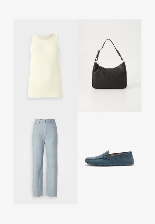 Hellgelbes Baumwoll-Tanktop mit geripptem Muster, rundem Ausschnitt und breiten Trägern. Fällt gerade ohne Verzierungen.; Helle blaue gerade geschnittene Jeans aus Denim. Verfügt über fünf Taschen, einen Metallknopfverschluss und dezente Waschungen für zusätzliche Textur.; Blaue Wildleder-Slipper mit flacher Sohle, die an den Kanten mit einer gestickten Gestaltung versehen sind und einen dekorativen Metallelement an der Vorderseite besitzen.; Schwarze Lederhandtasche mit geschwungener Form, einem einzigen Tragegurt, Reißverschlussverschluss und dezentem Branding auf der Vorderseite. Glatte Textur, minimalistisches Design.