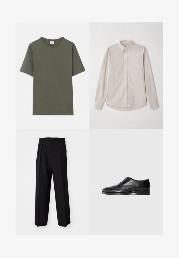 Plain dark olive green short-sleeve crew neck T-shirt with a small white brand label at the back neckline.; Light beige long-sleeve shirt made of soft fabric. Featuring a button-down collar and central button closure with a curved hemline.; Black pleated trousers with a straight, wide-leg design. Made from smooth fabric, featuring a button closure and belt loops.; Black leather dress shoe with a rounded toe, smooth texture, lace-up design, and a subtle seam detail, featuring a low, flat heel.