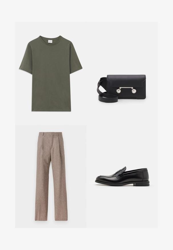 Üksikasjalik tume oliiviroheline lühikeste varrukatega T-särk, millel on väike valge brändi silt tagaküljel kaela juures.; Prunnid, kõrge vöökohaga püksid, mis on valmistatud tekstureeritud kangast. Omavad laiu jalgu ja kahte eesmist voldikut struktuuri jaoks. Korralik viimistlus, ilma nähtava riistvarata.; Mustad mustad nahast loafers sileda tekstuuriga, ümarat ninaosa ja dekoratiivne riba vampi üle. Madal kihiline konts, minimalistlik disain.; Must со хsaid crossover kottiga black nahka, mis on varustatud klapiga sulgemisega, hõbedased detailid ja kaks ümmargust aksessuaar. Omab eemaldatavat rihma. Sile tekstuur.