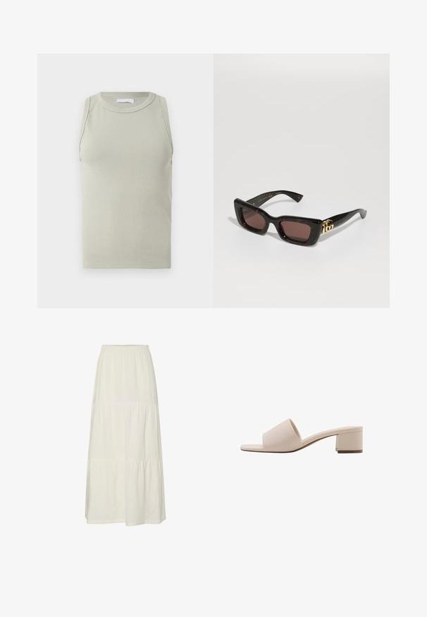 Svetlo zelena rebrasta majica bez rukava s okruglim dekolteom. Ima uski kroj i meku teksturu.; Bela maksi krila s plastmi, izdelana iz lahkotnega, strukturiranega materiala z elastičnim pasom. Ima tri ločene sekcije iz različnega materiala.; Beige sandala na blok peti s širokim trakama i otvorenim prstima. Glatki materijal i elegantan dizajn. Kratka, čvrsta potpetica za stabilnost.; Črne želvje sončne očala s pravokotnimi lečami, rjavim odtenkom, debelim okvirjem in zlatim dvojnega G logotipom na obročku.; Beaded torbica z živahnimi barvami: roza, oranžna, modra in rjava. Teksturna površina s krožnimi biseri in organskimi oblikami, trdni ročaji.; Zlato-tonirane obročeve uhane s zunanjim robom iz smole s školjčnim vzorcem, ki se ponašajo z gladko površino in elegantno, krožno obliko.