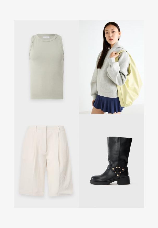 Light green ribbed tank top with a crew neckline and sleeveless design. It features a fitted silhouette and soft texture.; White linen shorts with a tailored design, pleated front, and wide leg openings. Smooth texture and mid-thigh length.; Black mid-calf leather boot with chunky heel and decorative strap featuring a gold circular buckle on a white background.; Gray oversized hoodie with a kangaroo pocket, paired with a navy flared skirt. Accessory: large light yellow backpack, smooth texture.