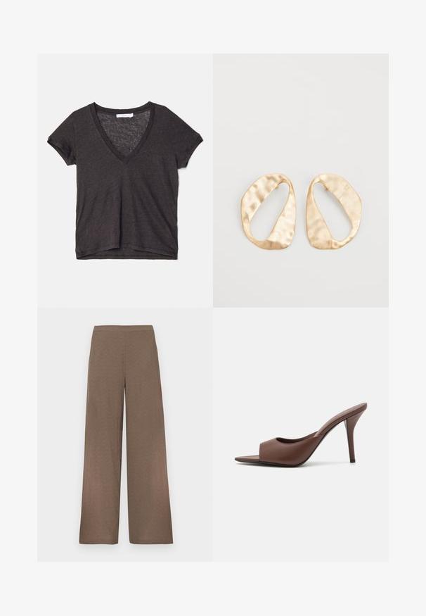 Tricou scurt cu mânecă, de culoare gri închis, cu decolteu în V, fabricat dintr-un material ușor și respirabil, cu o croială lejeră și o textură subtilă.; Pantaloni maro cu croială largă, cu talie plată, fără buzunare sau închideri vizibile, expuși pe un fundal alb.; Mule-uri din piele maro, cu vârf deschis și toc înalt, cu un design elegant, având o curea frontală lată și un toc subțire de tip stiletto.; O pereche de cercei din metal de culoare aurie, cu formă ovală neregulată, având o suprafață texturată, ușor ciocănită, pe un fundal alb.