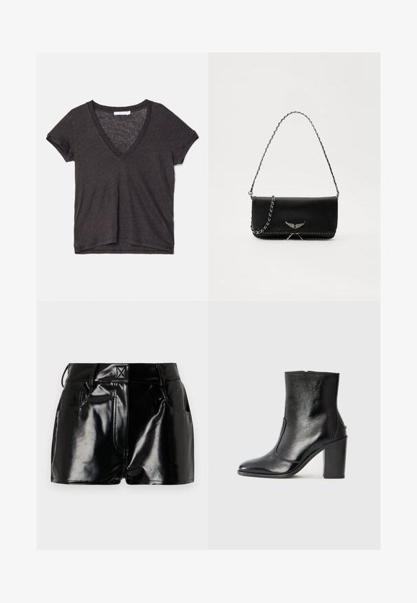 Sötétszürke, rövid ujjú V-nyakú póló, amely könnyű, légáteresztő anyagból készült, laza szabással és finom textúrával.; Fekete, fényes sort szintetikus anyagból. Jellemzője a fitted derék, övhurkok és elülső zsebek jellegzetes varrási részletekkel.; Fekete bőr bokacipő sima textúrával, hegyes orral és vastag, magas sarkával. Oldalnyílással és minimalista dizájnnal rendelkezik.; Fekete bőrtáska ezüstlánc pánttal, díszes szárnyakkal és fehér varrással az alsó varrat mentén.